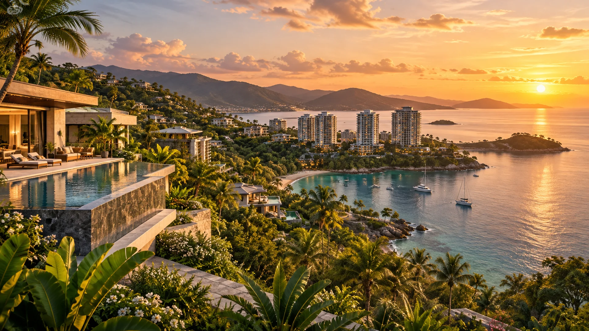 Luxury coastal skyline and premium residences in a major Philippine city at sunset