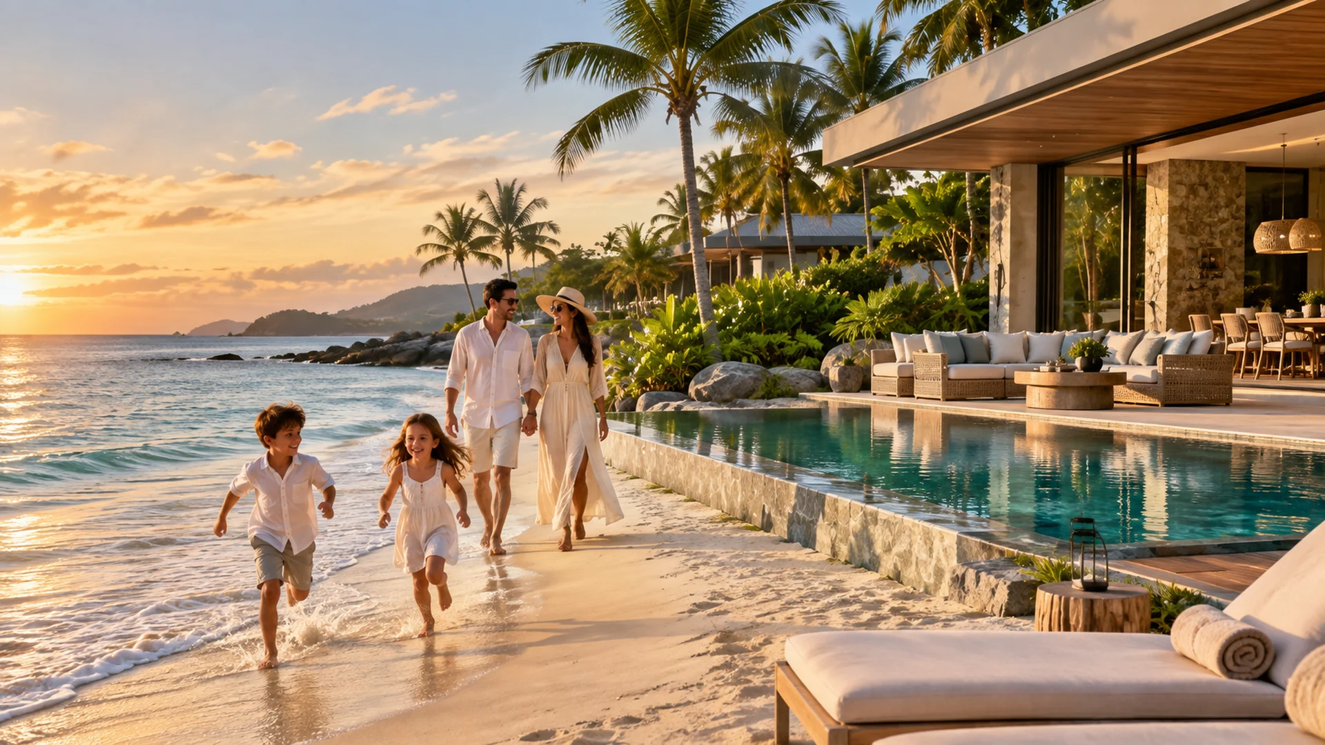 Family enjoying a luxury beachfront lifestyle setting