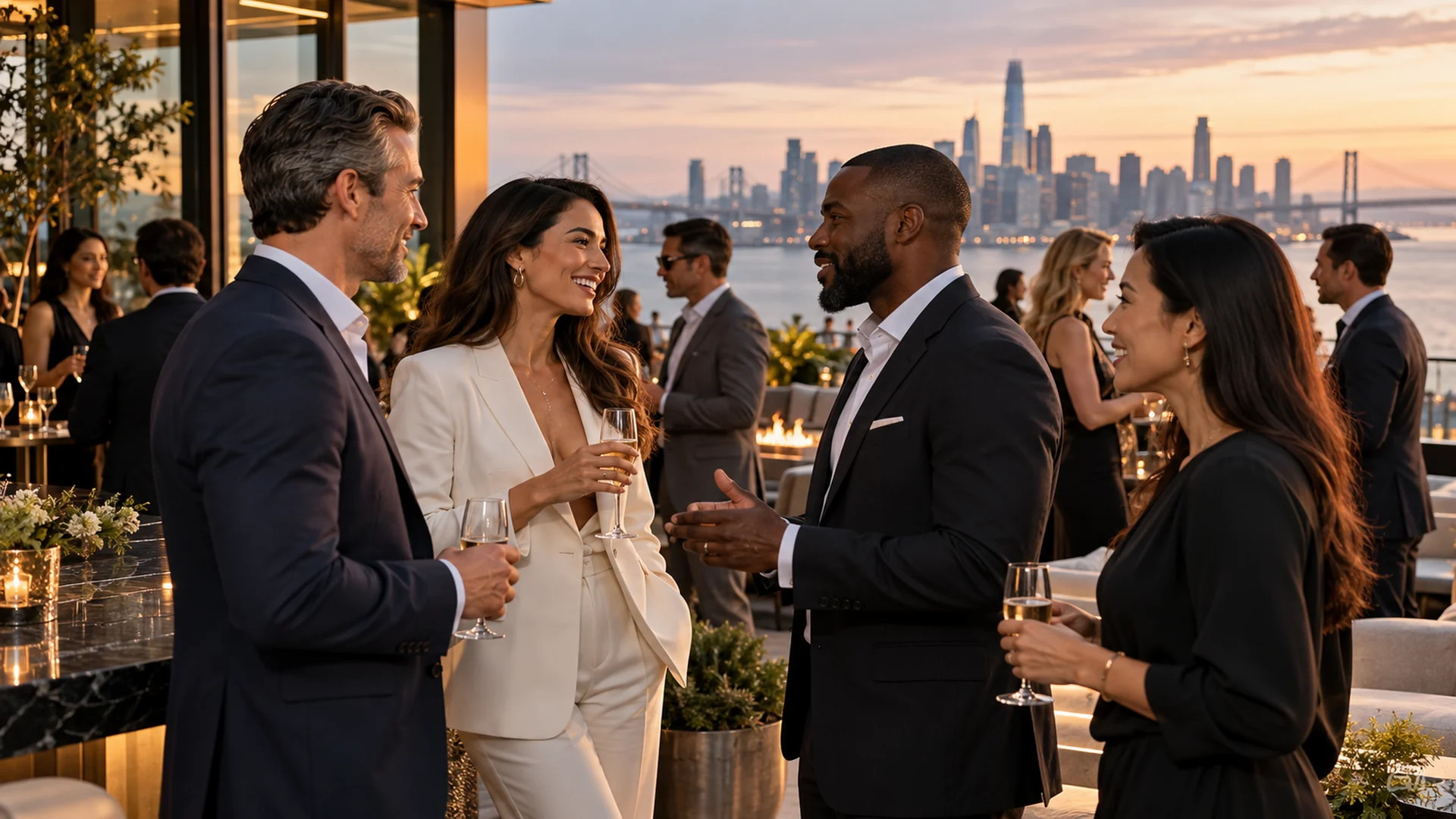 Professionals networking on a premium rooftop at sunset