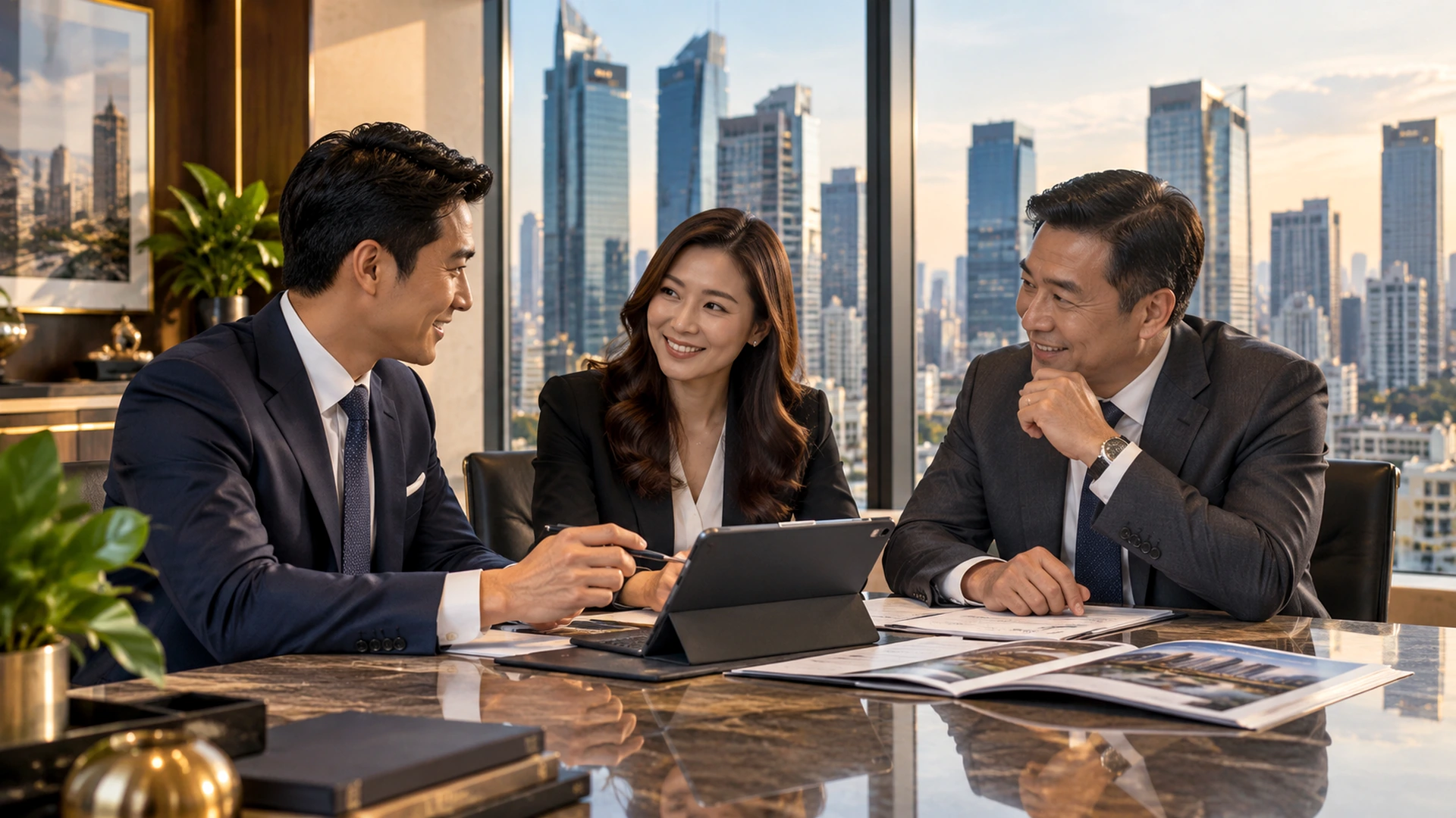 AI-generated professional real estate meeting in a modern office